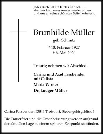 Anzeige von Brunhilde Müller von  Extra Blatt 