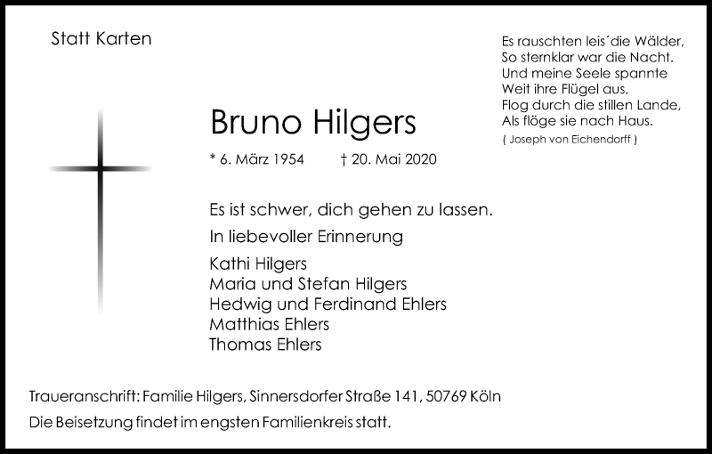  Traueranzeige für Bruno Hilgers vom 30.05.2020 aus Kölner Stadt-Anzeiger / Kölnische Rundschau / Express
