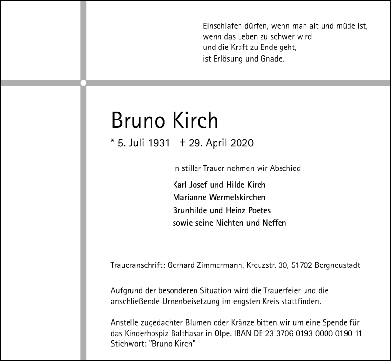  Traueranzeige für Bruno Kirch vom 02.05.2020 aus Kölner Stadt-Anzeiger / Kölnische Rundschau / Express