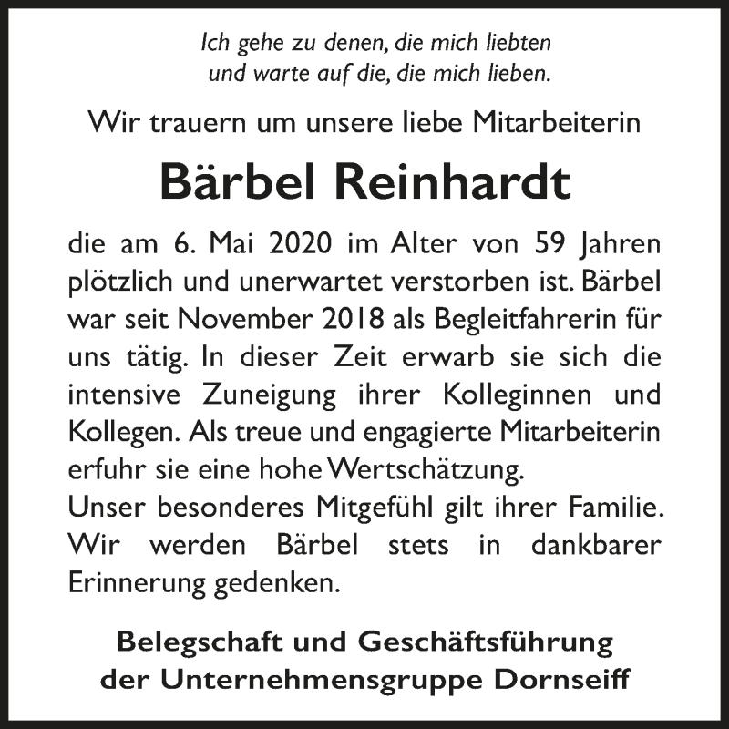  Traueranzeige für Bärbel Reinhardt vom 15.05.2020 aus  Lokalanzeiger 