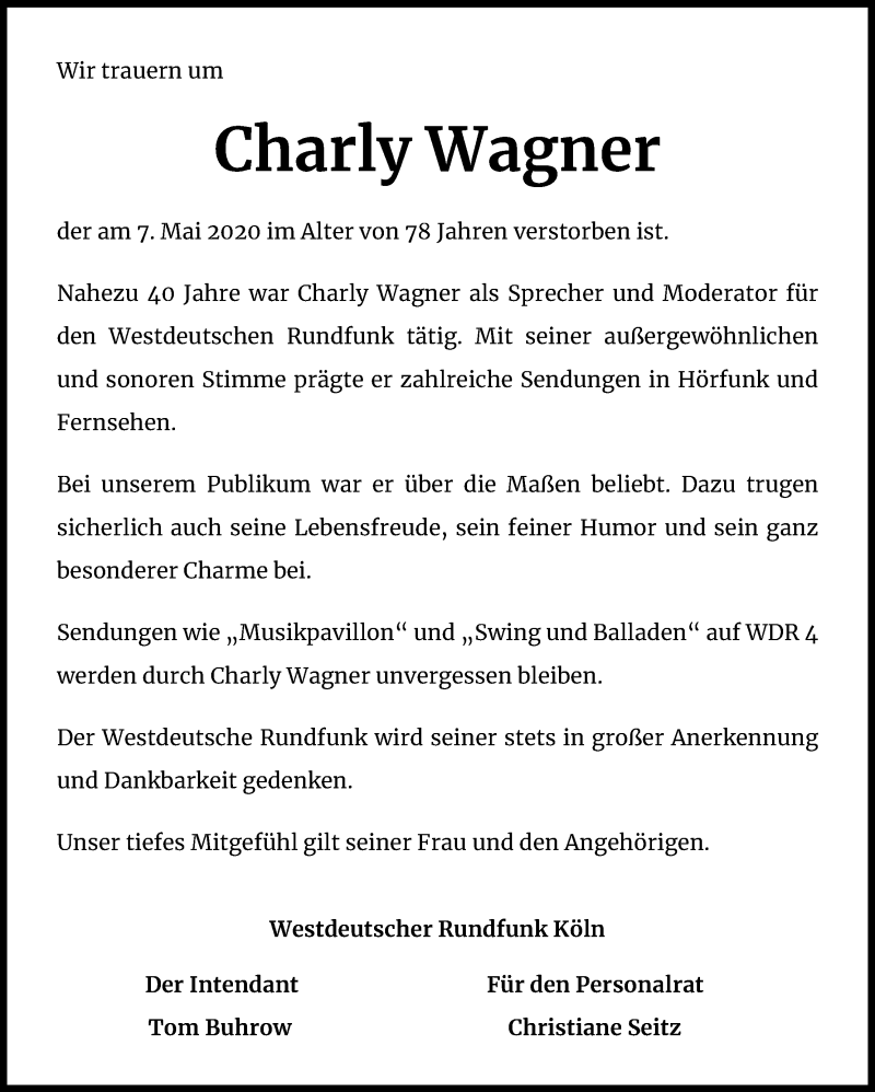  Traueranzeige für Charly Wagner vom 20.05.2020 aus Kölner Stadt-Anzeiger / Kölnische Rundschau / Express