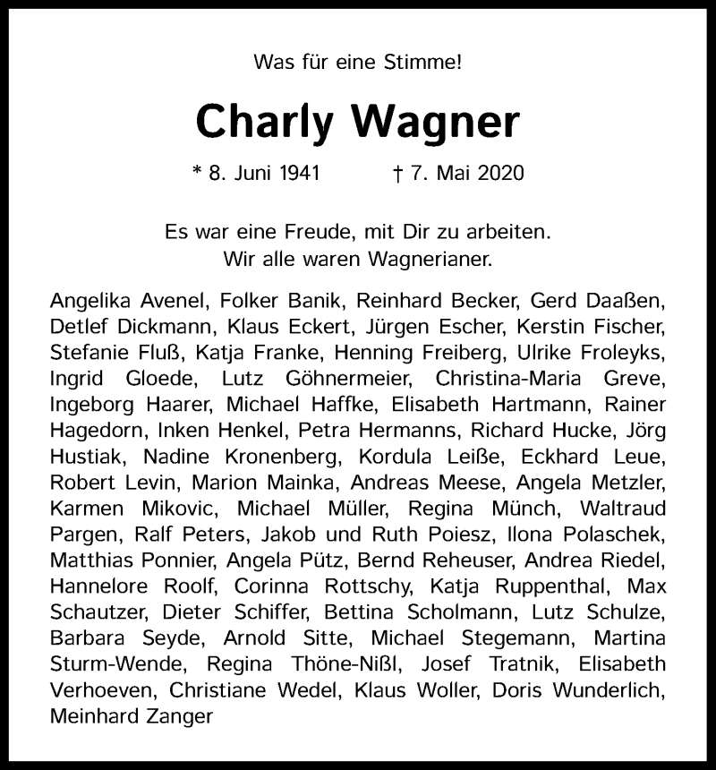  Traueranzeige für Charly Wagner vom 20.05.2020 aus Kölner Stadt-Anzeiger / Kölnische Rundschau / Express