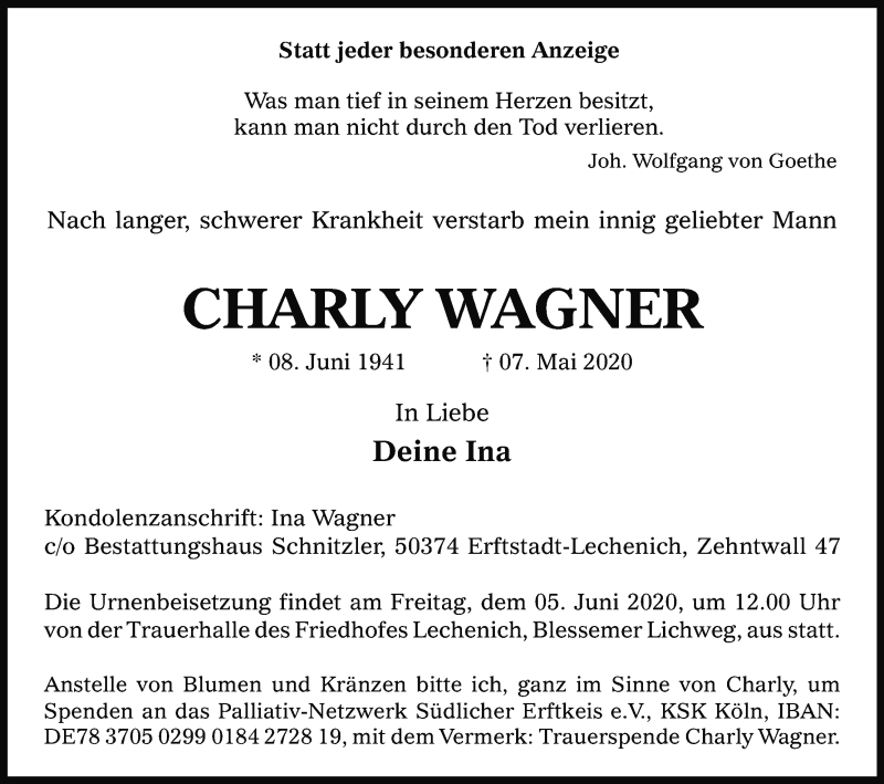  Traueranzeige für Charly Wagner vom 30.05.2020 aus Kölner Stadt-Anzeiger / Kölnische Rundschau / Express