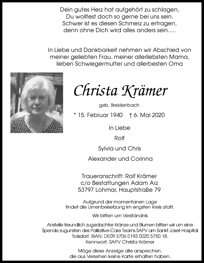  Traueranzeige für Christa Krämer vom 16.05.2020 aus Kölner Stadt-Anzeiger / Kölnische Rundschau / Express
