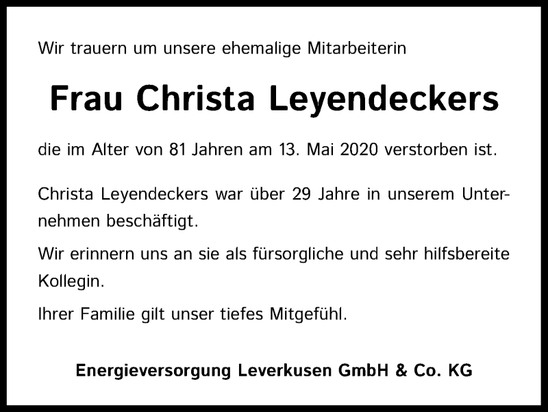  Traueranzeige für Christa Leyendeckers vom 20.05.2020 aus Kölner Stadt-Anzeiger / Kölnische Rundschau / Express