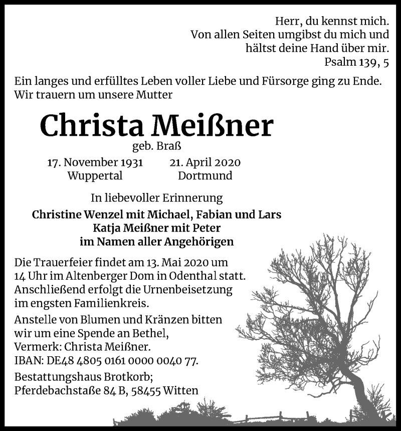  Traueranzeige für Christa Meißner vom 09.05.2020 aus Kölner Stadt-Anzeiger / Kölnische Rundschau / Express