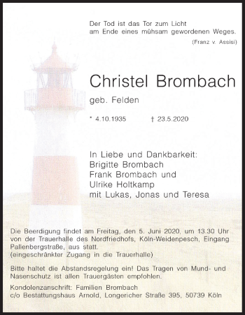 Anzeige von Christel Brombach von Kölner Stadt-Anzeiger / Kölnische Rundschau / Express