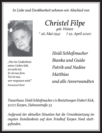Anzeige von Christel Filpe von  Werbepost 