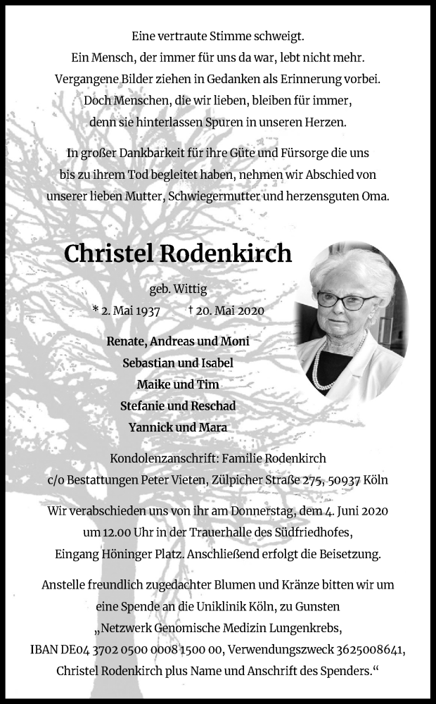  Traueranzeige für Christel Rodenkirch vom 30.05.2020 aus Kölner Stadt-Anzeiger / Kölnische Rundschau / Express