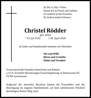 Anzeige von Christel Rödder von Kölner Stadt-Anzeiger / Kölnische Rundschau / Express