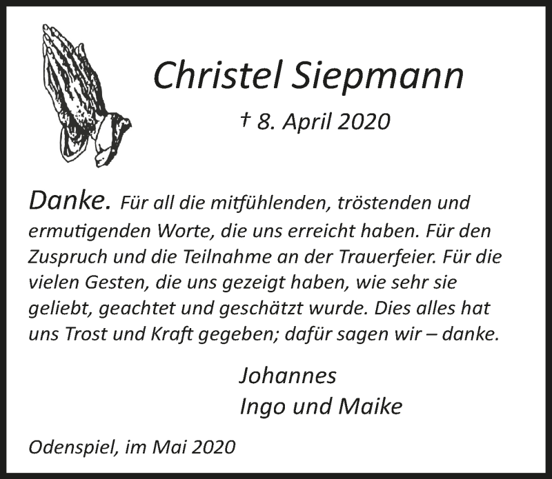  Traueranzeige für Christel Siepmann vom 08.05.2020 aus  Lokalanzeiger 