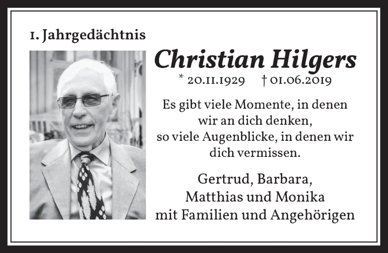  Traueranzeige für Christian Hilgers vom 29.05.2020 aus  Wochenende 