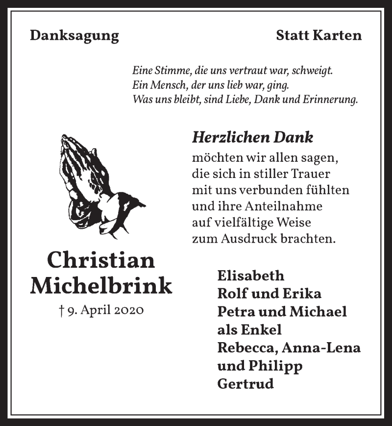  Traueranzeige für Christian Michelbrink vom 22.05.2020 aus  Wochenende 