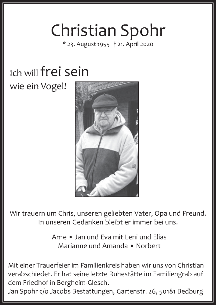  Traueranzeige für Christian Spohr vom 08.05.2020 aus  Werbepost 