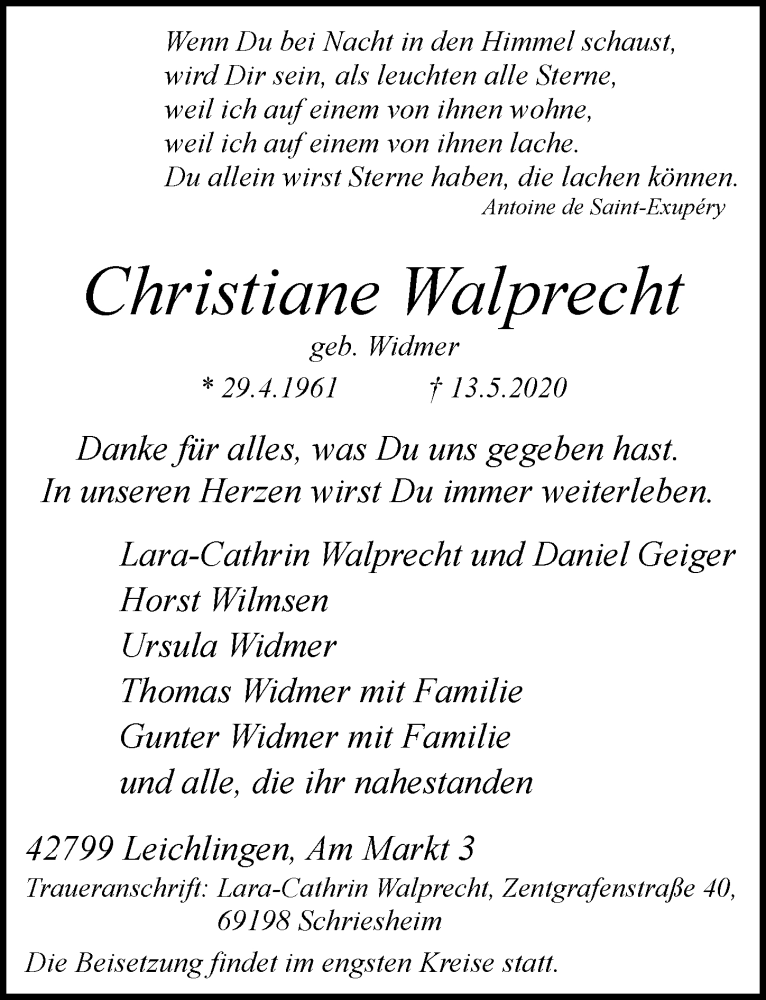  Traueranzeige für Christiane Walprecht vom 22.05.2020 aus  Lokale Informationen 