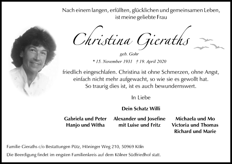  Traueranzeige für Christina Gieraths vom 02.05.2020 aus Kölner Stadt-Anzeiger / Kölnische Rundschau / Express