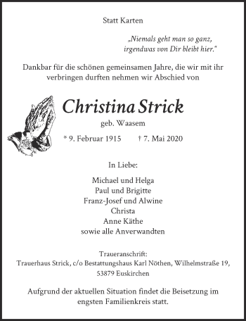 Anzeige von Christina Strick von  Blickpunkt Euskirchen 