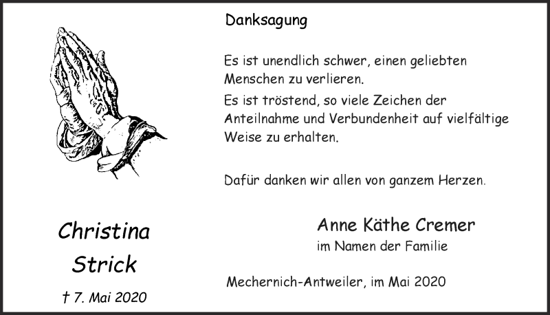  Traueranzeige für Christina Strick vom 30.05.2020 aus  Blickpunkt Euskirchen 