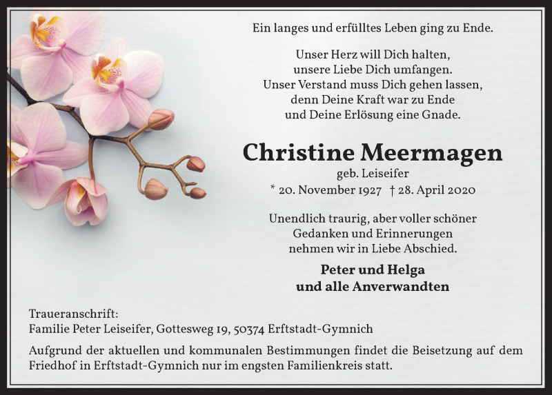  Traueranzeige für Christine Meermagen vom 08.05.2020 aus  Wochenende 