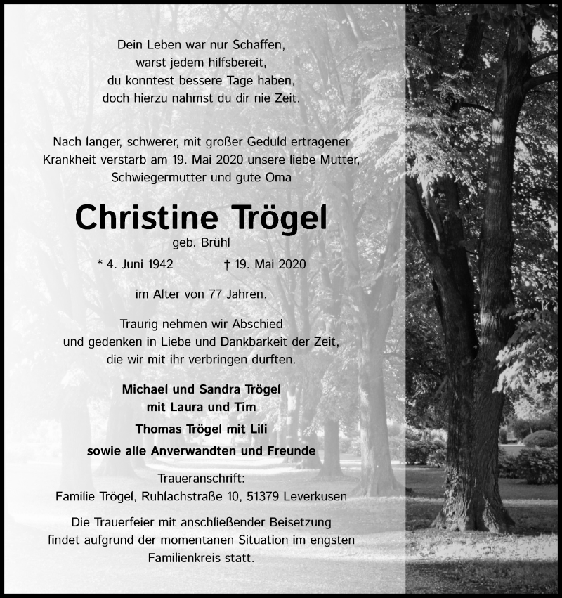  Traueranzeige für Christine Trögel vom 27.05.2020 aus Kölner Stadt-Anzeiger / Kölnische Rundschau / Express