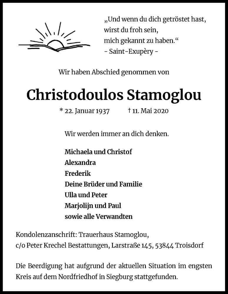  Traueranzeige für Christodoulos Stamoglou vom 23.05.2020 aus Kölner Stadt-Anzeiger / Kölnische Rundschau / Express