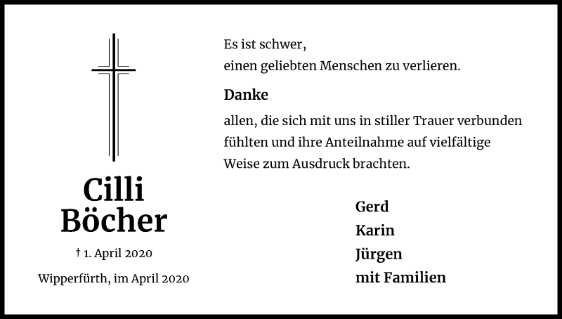  Traueranzeige für Cilli Böcher vom 02.05.2020 aus Kölner Stadt-Anzeiger / Kölnische Rundschau / Express