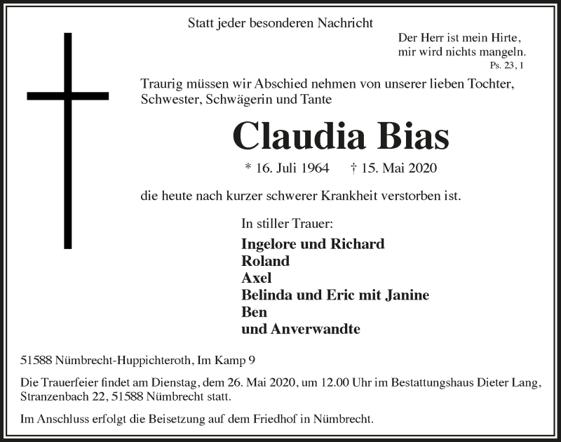  Traueranzeige für Claudia Bias vom 22.05.2020 aus  Lokalanzeiger 