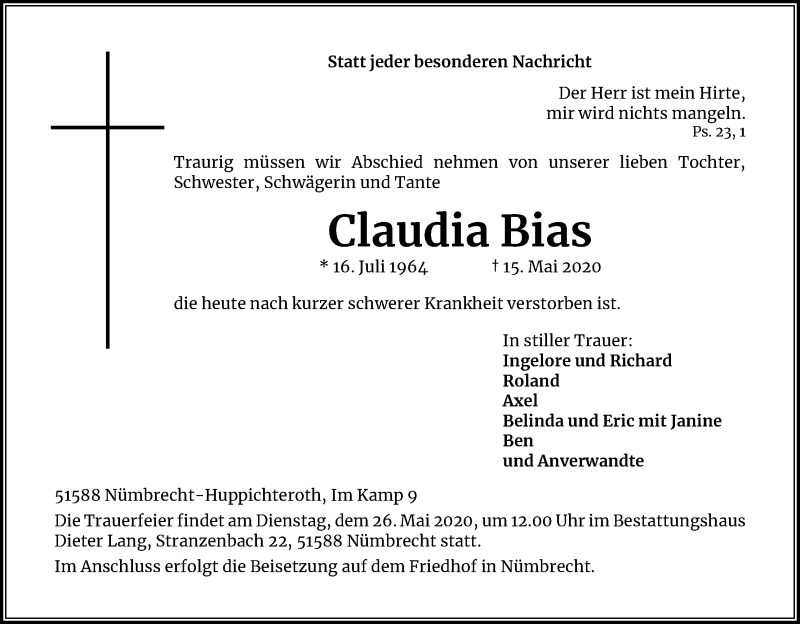  Traueranzeige für Claudia Bias vom 20.05.2020 aus Kölner Stadt-Anzeiger / Kölnische Rundschau / Express