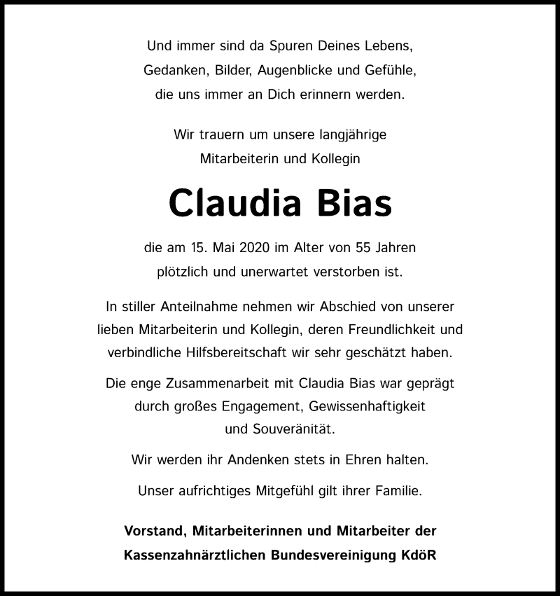  Traueranzeige für Claudia Bias vom 26.05.2020 aus Kölner Stadt-Anzeiger / Kölnische Rundschau / Express