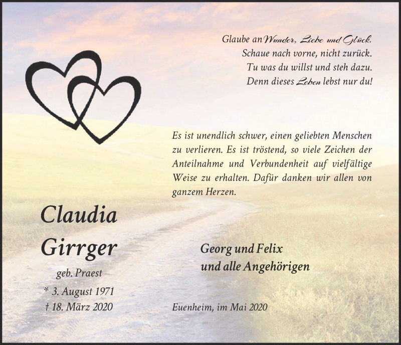  Traueranzeige für Claudia Girrger vom 02.05.2020 aus  Blickpunkt Euskirchen 