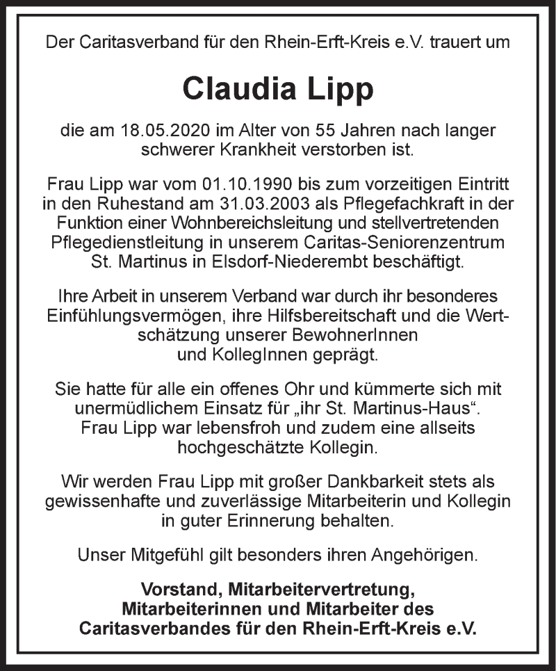  Traueranzeige für Claudia Lipp vom 29.05.2020 aus  Wochenende  Werbepost 