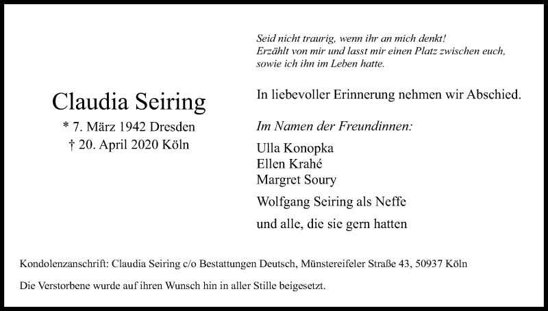 Traueranzeige für Claudia Seiring vom 16.05.2020 aus Kölner Stadt-Anzeiger / Kölnische Rundschau / Express