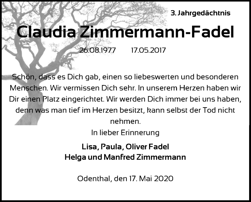  Traueranzeige für Claudia Zimmermann-Fadel vom 18.07.2023 aus Kölner Stadt-Anzeiger / Kölnische Rundschau / Express