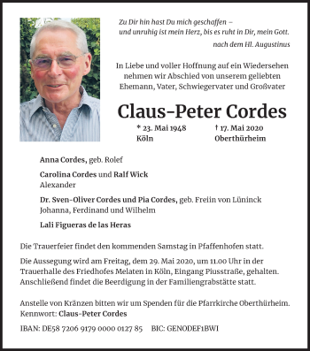 Anzeige von Claus Peter Cordes von Kölner Stadt-Anzeiger / Kölnische Rundschau / Express