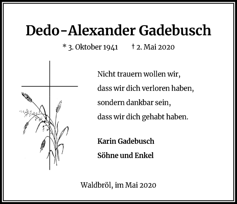  Traueranzeige für Dedo-Alexander Gadebusch vom 16.05.2020 aus Kölner Stadt-Anzeiger / Kölnische Rundschau / Express