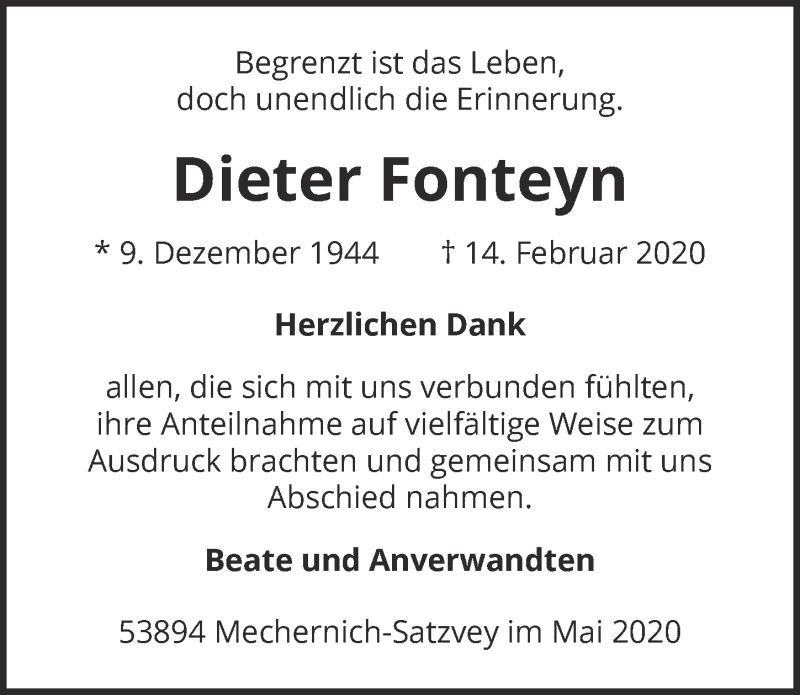  Traueranzeige für Dieter Fonteyn vom 02.05.2020 aus  Blickpunkt Euskirchen 