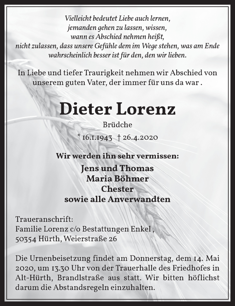  Traueranzeige für Dieter Lorenz vom 08.05.2020 aus  Wochenende 