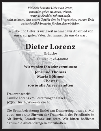 Anzeige von Dieter Lorenz von  Wochenende 