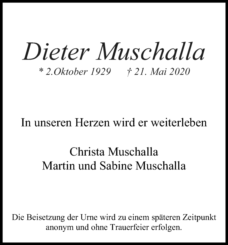  Traueranzeige für Dieter Muschalla vom 30.05.2020 aus Kölner Stadt-Anzeiger / Kölnische Rundschau / Express