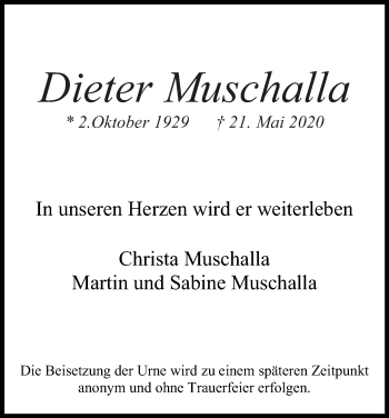 Anzeige von Dieter Muschalla von Kölner Stadt-Anzeiger / Kölnische Rundschau / Express