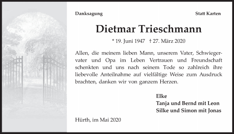  Traueranzeige für Dietmar Trieschmann vom 08.05.2020 aus  Wochenende 