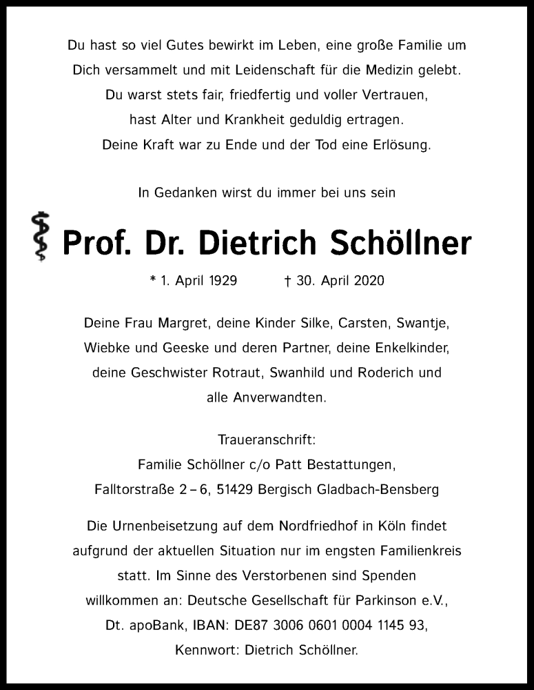  Traueranzeige für Dietrich Schöllner vom 09.05.2020 aus Kölner Stadt-Anzeiger / Kölnische Rundschau / Express