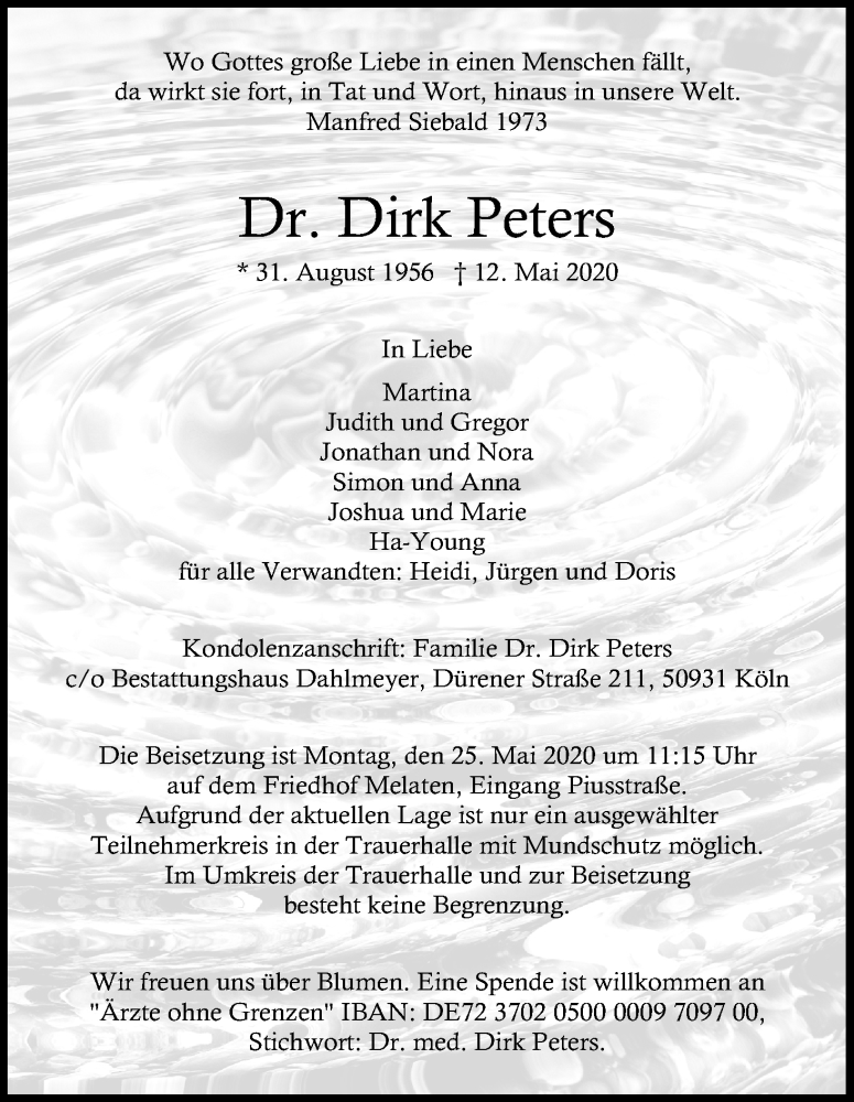  Traueranzeige für Dirk Peters vom 20.05.2020 aus Kölner Stadt-Anzeiger / Kölnische Rundschau / Express
