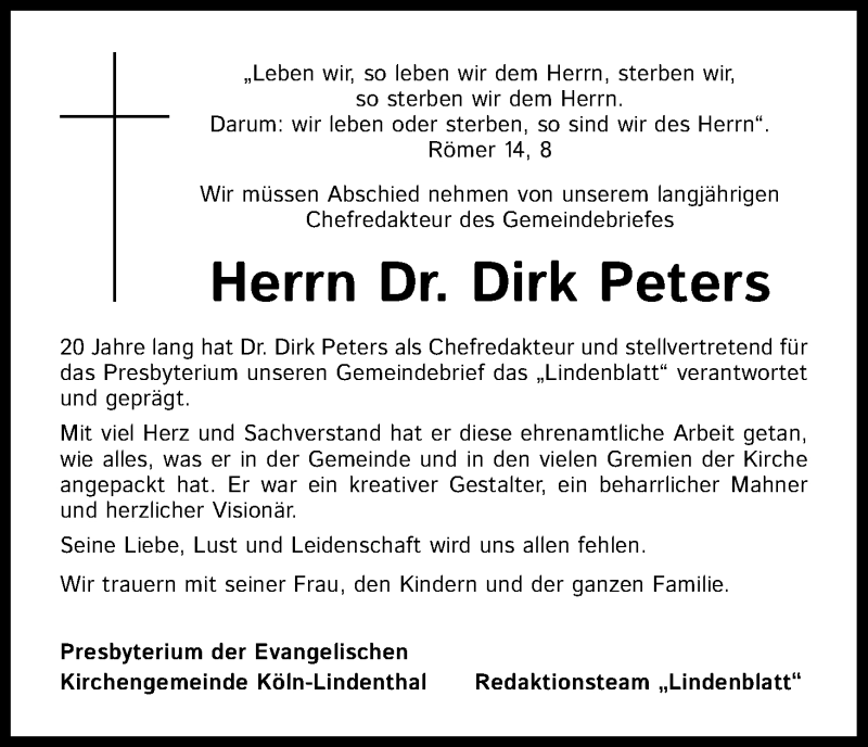  Traueranzeige für Dirk Peters vom 20.05.2020 aus Kölner Stadt-Anzeiger / Kölnische Rundschau / Express