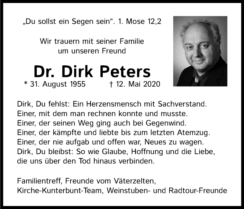  Traueranzeige für Dirk Peters vom 20.05.2020 aus Kölner Stadt-Anzeiger / Kölnische Rundschau / Express