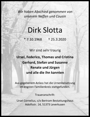 Anzeige von Dirk Slotta von Kölner Stadt-Anzeiger / Kölnische Rundschau / Express