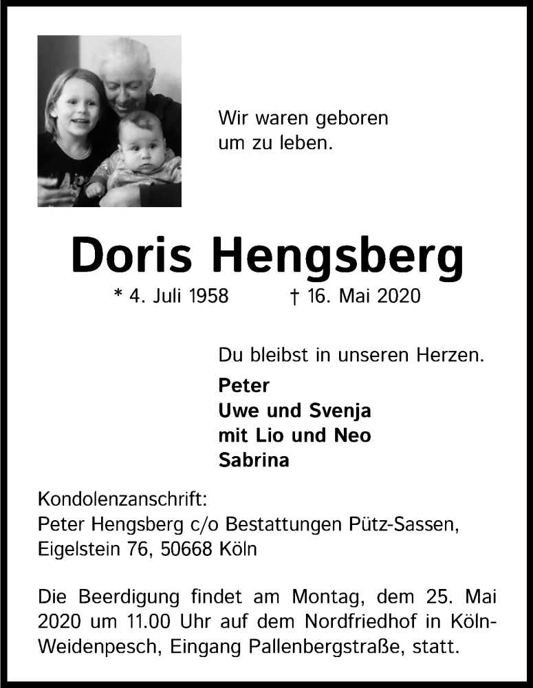  Traueranzeige für Doris Hengsberg vom 22.05.2020 aus Kölner Stadt-Anzeiger / Kölnische Rundschau / Express