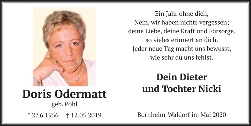  Traueranzeige für Doris Odermatt vom 15.05.2020 aus  Schaufenster/Blickpunkt 