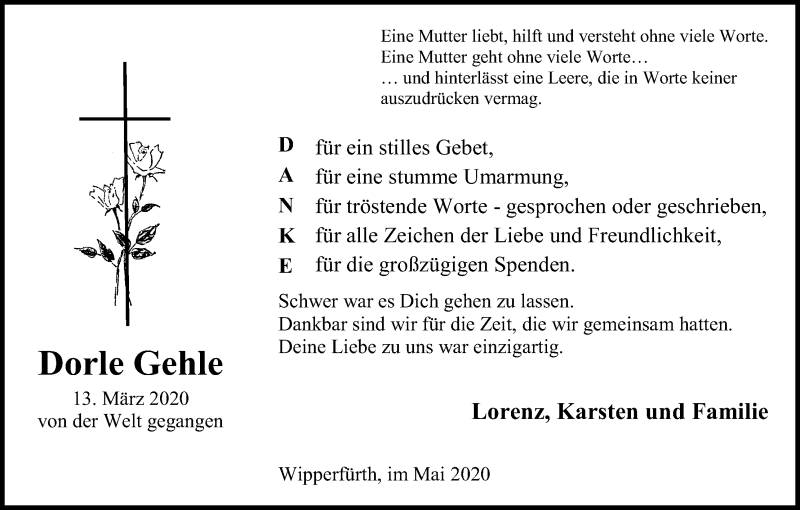  Traueranzeige für Dorle Gehle vom 08.05.2020 aus Kölner Stadt-Anzeiger / Kölnische Rundschau / Express