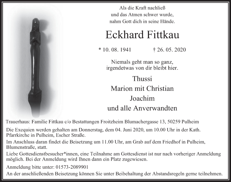  Traueranzeige für Eckhard Fittkau vom 29.05.2020 aus  Wochenende 